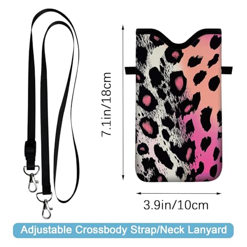 Image of Neoprene Cell Phone Sleeve Pouch Case Bag with Crossbody Strap Neck Lanyard for Women 7.1 X 3.9 in Pink Black