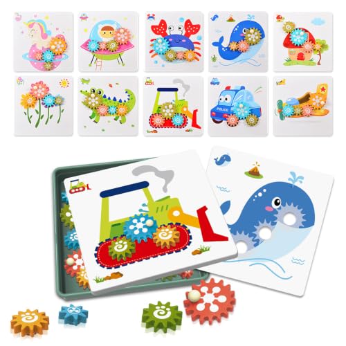 WRQIOO Steckspiel, Mosaik Steckspiel für Kinder, Zahnrad Spielzeug, Motorikspiel mit Bunten Zahnrädern mit 1 Ablagefach, Steckperlen & Bildvorlagen, Lernspiele ab 2 jahre