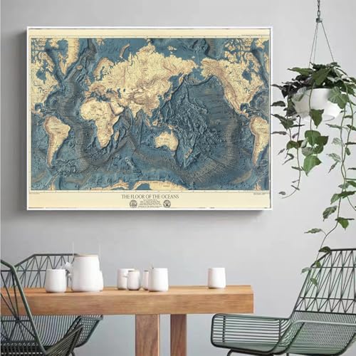 Topografía de tierras y océanos del mundo. Lámina del fondo oceánico. Cartografía de la geología del fondo del océano. Póster en lienzo para decoración de pared (22"L x 16"W, sin marco) miniatura 3
