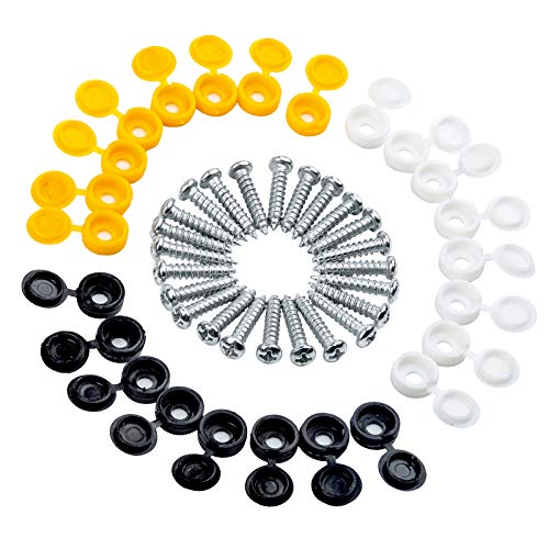 48PCS Caps and Screws Car License Plate Fixing Fitting Kit Car Number Plate Fixing Fitting Kit (White Yellow & Black Caps)
