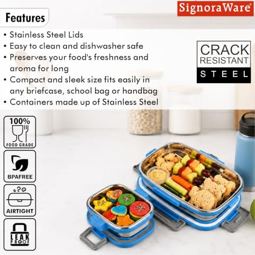 Image of SignoraWare Quickmeal Stainless Steel Big Lunch Box,(900ml+160ml, Blue), Airtight & Leakproof, Portion Control, Easy to Carry, Ideal for Office, School, Kids & Travel