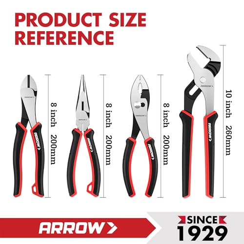 ARROW 4-Piece Pliers Set, Includes 8 Inch Diagonal, Long Nose, Slip Joint, 10 Inch Groove Joint Pliers, Ergonomic Anti-slip Handle, for Basic Repair by Arrow Fastener - Used condition - Image 3