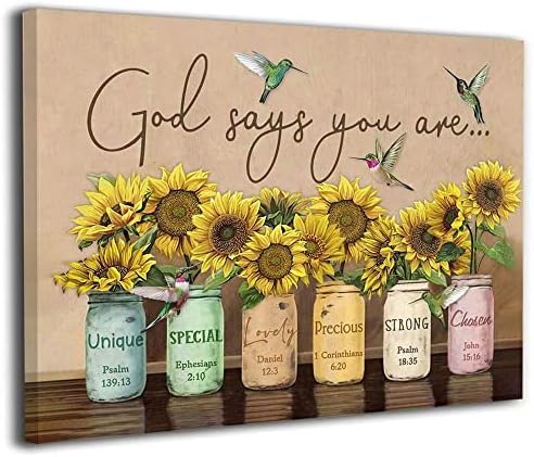 Puppettv God Says You Are Wall Art Sunflower Christian Canvas Wall Decor Painting for kitchen Apartment Livingroom Office Scripture Hummingbird Wall Artwork Religious Gifts for Women Men, Ready to Hang 20x16 Inch