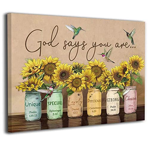 Puppettv God Says You Are Wall Art Sunflower Christian Canvas Wall Decor Painting For Kitchen Apartment Livingroom Office Scripture Hummingbird Wall Artwork Religious Gifts For Women Men, Ready To Hang 20X16 Inch #TOP29