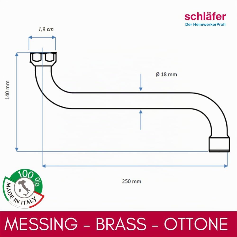 Schläfer 400314 | Bec de Rechange Pivotant en S pour Robinet Mural Cuisine, Longueur 25 cm, Raccord 3/4" (Ø 24,9 mm), Aérateur Anticalcaire M22 Compatible avec Neoperl, Laiton Chromé