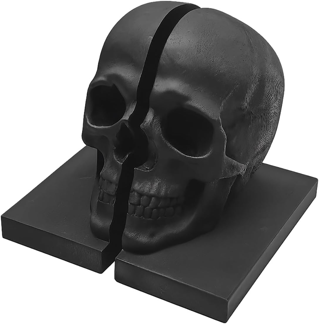 Black Skull Head Skeleton Decorative Statue Unique Design Split Resin Sculpture Home Decoration Gothic Art Piece Halloween Decor (Black)