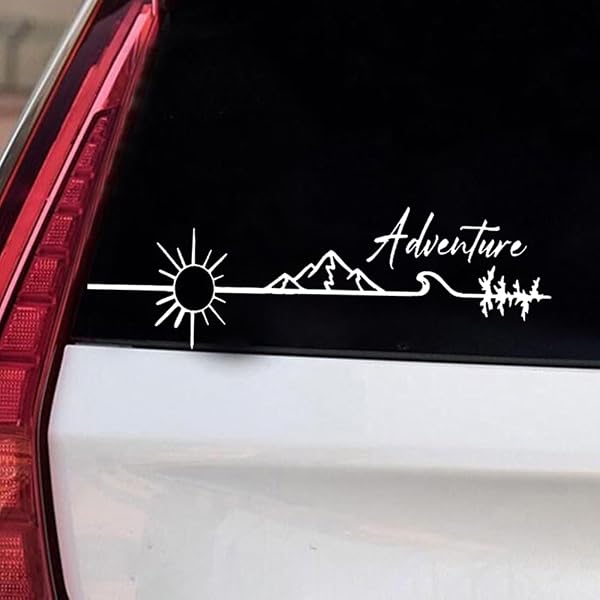 Lot de 2 autocollants d'aventure en plein air avec soleil et montagnes 30 x 9,5 cm, imperméables, pour voitures, ordinateurs portables, pare-chocs, vitres | #DZ100 (blanc) - 1