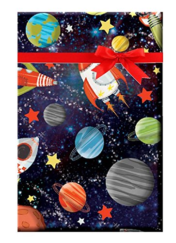 CakeSupplyShop Space Gravity Planets Moon Earth Space Rocket Galaxy Gift Wrap Wrapping Paper 12ft Folded with Gift Tags