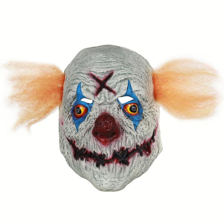 eBoutik  Adult Halloween Latex Realistic Costume Creepy House of Horror Spooky Clown Full Face Mask - Scary Killer Clown Mask with Hair Fancy Dress Outfit - Stiched Up Mouth Clown