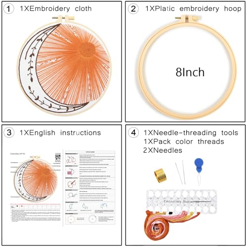 Image of Crafmanoe Hand Embroidery Kits for Beginners Adults, Sun Moon Embroidery Starter Kits, Stamped Cross Stitch Kits DIY Needlepoint Kit for Beginners Adults, Embroidery Hoop, Thread and Video Tutorial