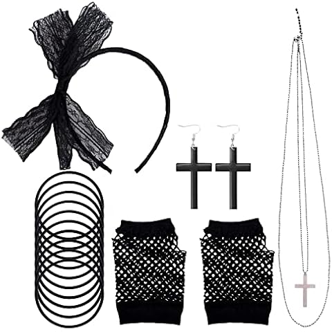 Fvomye 5 Pieces 80s Costume Accessories Lace Bow Headband Fishnet Gloves Bracelet Cross Necklace Earrings for Fancy Dress Accessories (Black) Cover