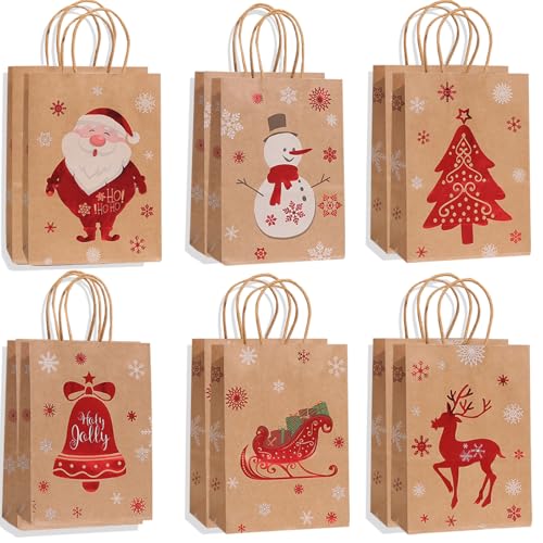 Dazhtu Lot de 12 Sacs de Cadeau de Noël, Sachets Kraft Papier avec Poignées Torsadées, Sac en Papier Kraft de Haute Qualité pour Bonbons Cadeaux de Noël, Mariage, Fête