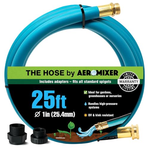 Aeromixer THE HOSE - 1 Inch Garden Hose 25 Ft with Adapter Set for 3/4 Spigots Kinkless Commercial Garden Hoses Heavy Duty Industrial Water Hoses for Outdoors 650 PSI High-Pressure Watering Tool