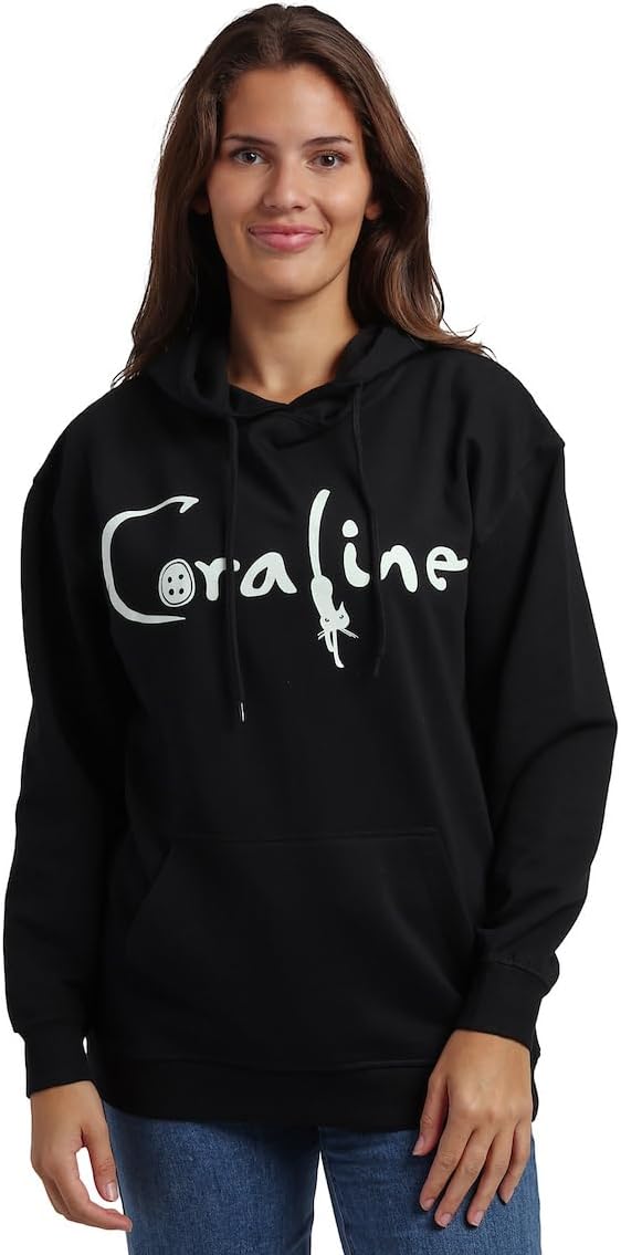 Bioworld Coraline Full Moon Character Art Women's Black Long Sleeve Hooded Sweatshirt