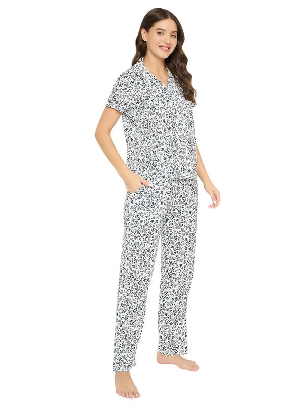Image of Clovia Women's Cotton Printed Button Down Shirt & Pyjama Night Suit Set