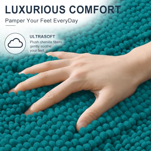 Image of Smiry Thick Small Chenille Bathroom Rugs 24x16, Extra Absorbent Striped Bath Mat, Machine Washable, Rubber Backing, Bath Rugs for Bathroom, Tub & Shower, Modern Home Decor Accessories, Deep Lake