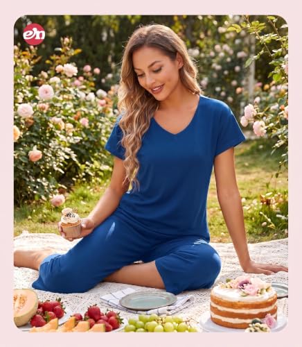 Image of ENJOYNIGHT Womens Pajama Sets Cotton Pj Set Short Sleeve Top With Capri Pants Sleepwear 2 Piece Lounge Set