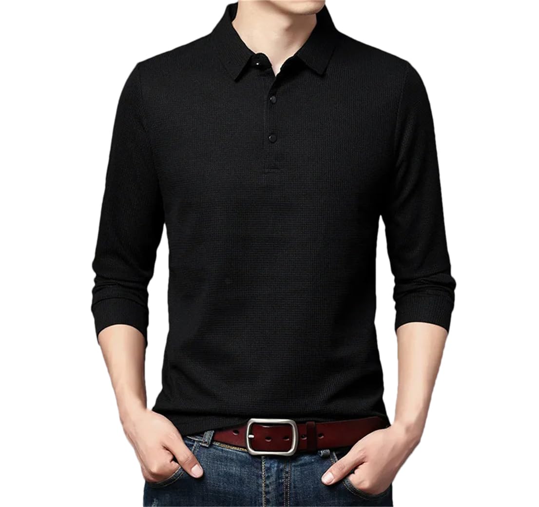 Polo de manga larga para hombre, con cuello, casual, atlético, sólido, para negocios, ajuste entallado