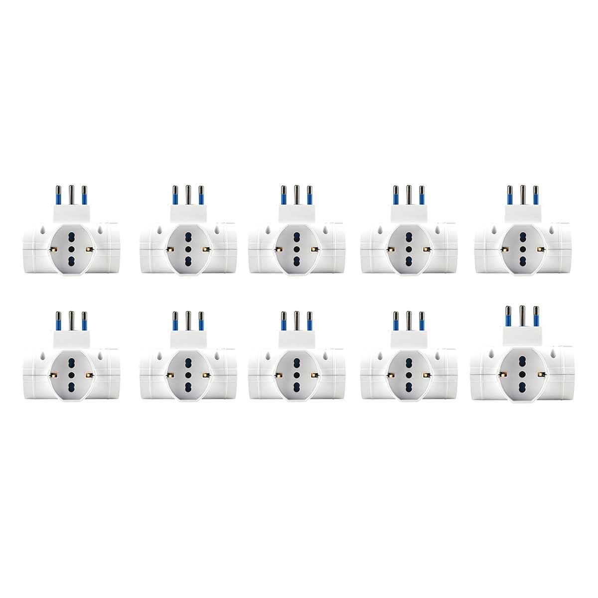 10 Pezzi Adattatore Triplo Multiprese con Interruttore, Spina Piccolo 10A, 3 Prese Universali 10A/16A Schuko/Bipasso, Spina 90° Spessore 6.8cm