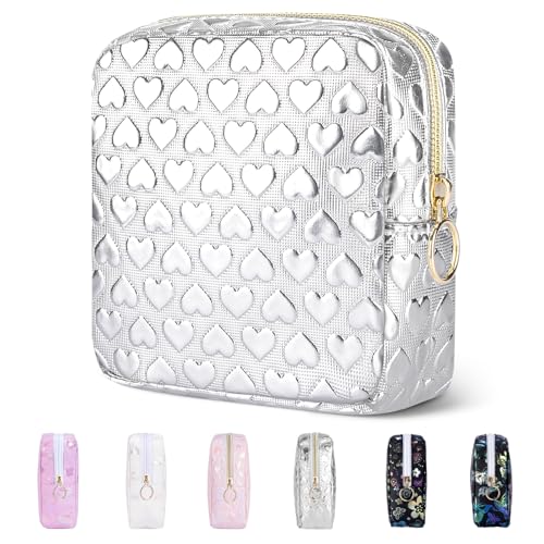 Image of Likesing 5.1 inch Mini Makeup Bag for Purse, Leather Small Makeup Pouch Travel Cosmetic Make up Bags for Women Girls, Cute Preppy Mini Toiletry Bag Coin Pouch Period Bag(3D Love Silver)