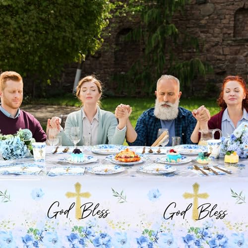 Image of Ganeen 3 Pcs Baptism Tablecloth First Holy Communion Tablecloth Blue Boy God Bless Disposable Plastic Waterproof Cross Table Covers for Christening Baby Shower Religious Decor, 54 x 108 Inch