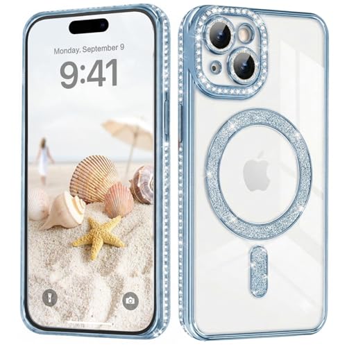 Image of DIZORO Compatible with (iPhone 15 Case) Clear Luxury Diamond Glitter Case |Camera Lens Protector with Glitter Ring | Premium Shockproof Glossy Shiny Back Cover Case for Girls Women -Blue