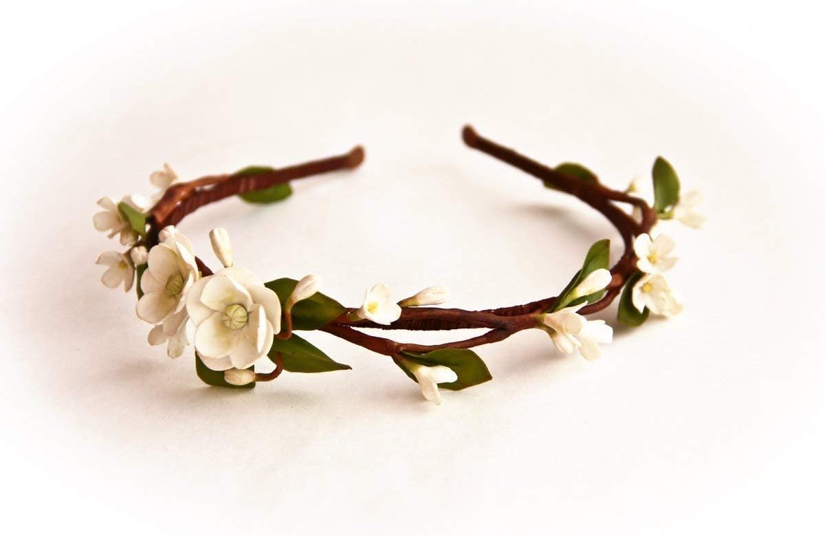 White Flower Bride Headband Handmade Tiara Small Flower Polymer Clay Hair Accessory Floral Wedding Crown Bridal Vine Hair Piece