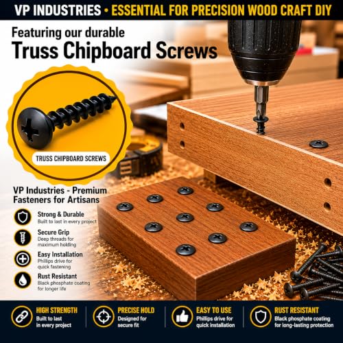 Image of By inchVP INDUSTRIES inch (Pcs-50) No.8x16 mm Truss Philips Chipboard Self-Tapping Screw - Black Zinc Coated Carbon Steel, Ideal for Wood, Plywood, Particle Boards, Cabinets, Furniture & DIY Fixings