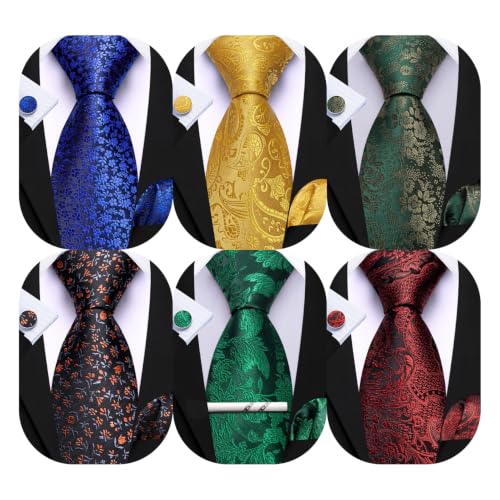 Image of Barry.Wang Men 6PCS Tie Silk Gift Necktie Clip Woven Tie Sets Party | Men Tie Classic Silk Gift Necktie With Tie Clip Jacquard Woven Neck Ties 6PCS Formal Wedding
