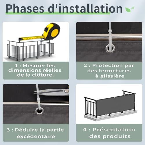 Brise vue balcon 100x400 cm anthracite opaque SUN BLOCK avec serre-câbles - 6