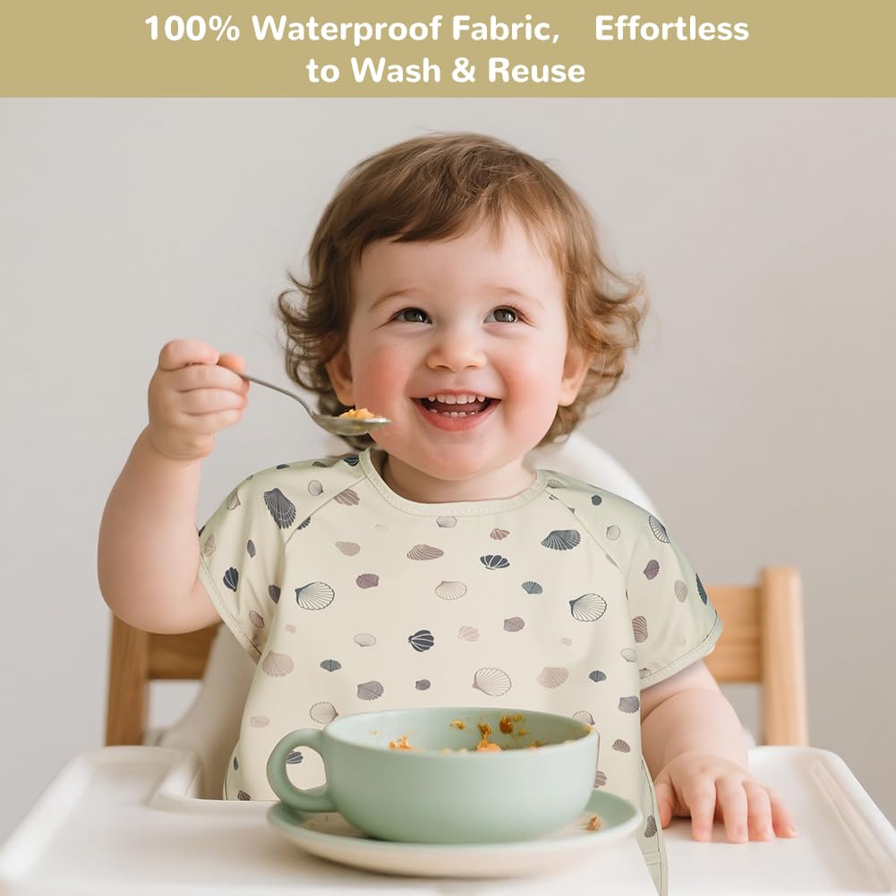Vicloon Baberos para Bebés, Babero de Destete Sin Mangas de Impermeable con Recolector Alimentos, Material PU Suave, Fácil de Limpiar, Delantal de Dibujo para Bebés Come o Juega, Concha