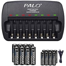 16 Pack Rechargeable AA and AAA Battery with Charger, 8 Pack AA 3000mAh with 8 Pack AAA 1100mAh Low Self Discharge 1.2V Ni-MH Batteries with Smart 8 Bay Independent Fast Charge Charger