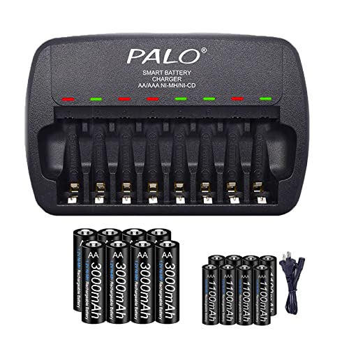 Rechargeable AA and AAA Batteries with Charger, 8 Pack aa 3000mAh with 8 Pack AAA 1100mAh Low Self Discharge Ni-MH Batteries with Smart 8 Bay Independent Fast Battery Charger (AA+AAA)
