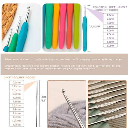 مجموعة كروشيه للمبتدئين، 95 قطعة من مجموعة الكروشيه للمبتدئين والبالغين، تتضمن مجموعات الكروشيه الغزل ومجموعة الكروشيه للمبتدئين ومجموعة خطاف الكروشيه مع خيوط الكروشيه واكسسوارات الكروشيه