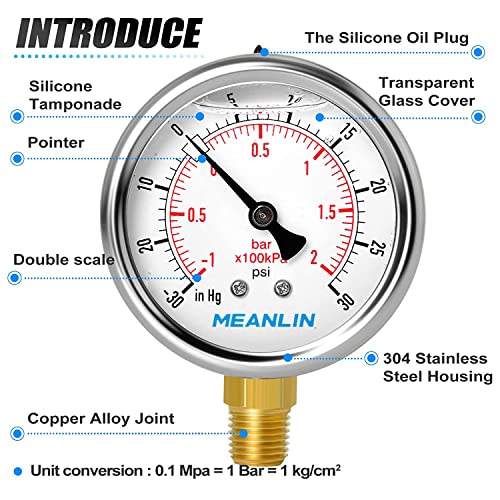 Meanlin Measure -30~30Psi Stainless Steel 1/4" Npt 2.5" Face Dial,Vacuum Pressure Gauge,Lower Mount, With 1/4" X 1/2" Npt And 1/4" X 3/8" Npt Hex Bushing #TOP3