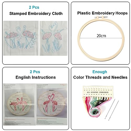 Image of Konrisa Flamingo Embroidery Kit for Beginners with Pattern Floral Stamped Full Range of Embroidery Starter Kit for Adults Cross Stitch Kit with Embroidery Cloth, Hoops, Color Thread and Tools,Set of 2