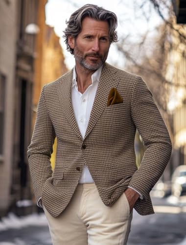ORBITRAY Men's Houndstooth Plaid Sport Coat Slim Fit Suit Jacket Single Breasted Blazer Tuxedo Prom Wedding Groom4