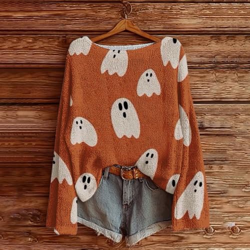 Women's Halloween Pumpkin Print Long Sleeve Knit Top, Fall Halloween Vintage Crew Neck Sweater4