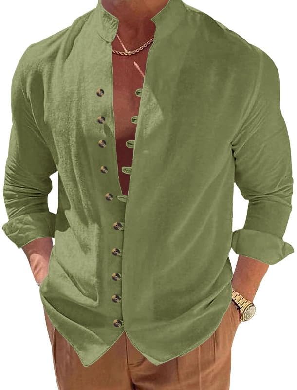 Men's Retro Casual Shirt - Long Sleeve Button Down Stand Collar Loose Fit Plain Shi...