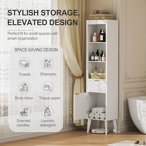 Image of 70-Inch Height Storage Cabinet with Fluted Doors, White Freestanding Modern Accent Floor Organizer for Kitchen, Pantry and Bathroom, w /Drawer & Adjustable Shelves
