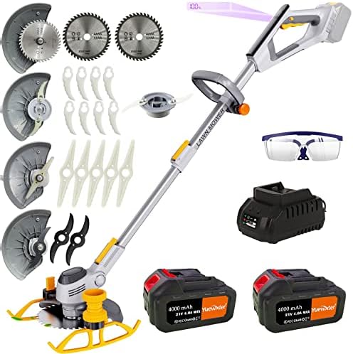 Electric Weed Eater, (2 x 21V 4.0A Weed Wacker Battery Powered), 3-in-1 Cordless Grass Trimmer/Edger Lawn Tool/Brush Cutter, with 4 Types Blades, for Garden and Yard (D Type Handle)