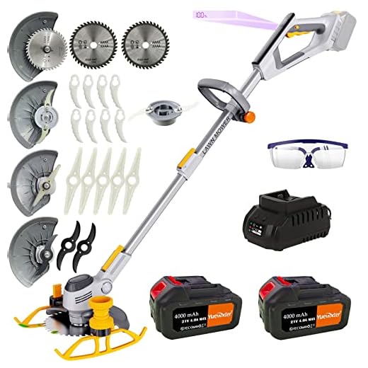Electric Weed Eater, (2 x 21V 4.0A Weed Wacker Battery Powered), 3-in-1 Cordless Grass Trimmer/Edger Lawn Tool/Brush Cutter, with 4 Types Blades, for Garden and Yard (D Type Handle)