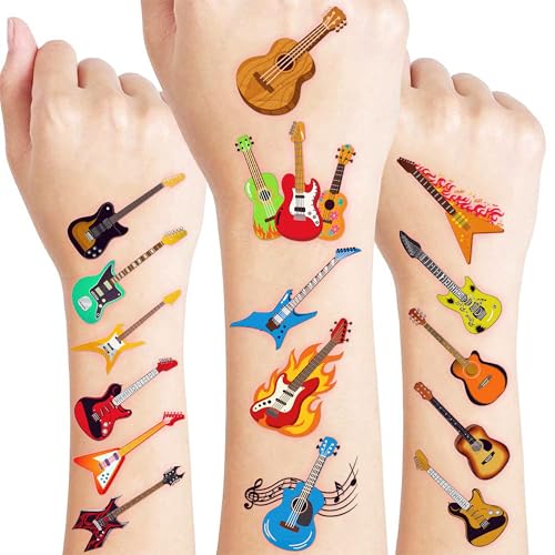 96 PCS Love Guitar Music Pre-Cut Temporary Tattoos for Kids Theme Birthday Party Decorations Supplies Favors Decor, Cute Rock Guitars Musical Instrument Stickers Tattoo Gifts for Boys Girls Prizes