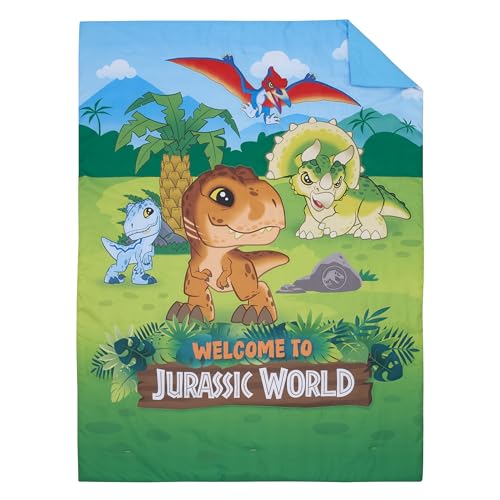 Image of NoJo Universal Jurassic World Explorers Welcome to Jurassic World, Green, Blue, and Tan Dinosaur 4 Piece Toddler Bed Set - Comforter, Fitted Bottom Sheet, Flat Top Sheet, and Reversible Pillowcase