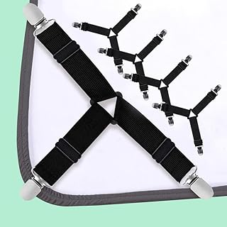 Bed Sheet Fastener, Pack of 4 Triangle Elastic Bed Sheet, Adjustable Heavy Duty Bed Sheet Holder Straps Fitted Sheet Clips Grippers Suspenders for Bedding Mattress (Black)