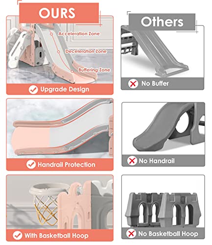 BIERUM 7 in 1 Toddler Slide, L-Shaped Baby Slide for Toddlers Age 1-3 with Basketball Hoop, Ring Toss, Storage Space, Outdoor Indoor Slide Playset Toddler Playground Pink Gray - Thumbnail 4