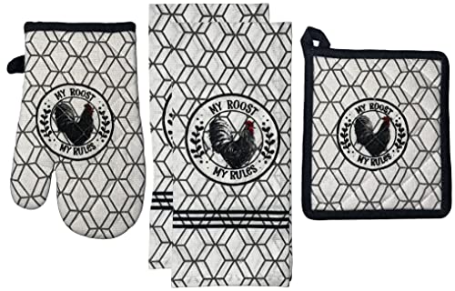 Set of 4, 100% Cotton, Haxagon Design Countryside Rooster Sentiment My Roost My Rules Kitchen Towel Set, Include 2 Kitchen Towels, 1 Pot Holder & 1 Ovenmitt.