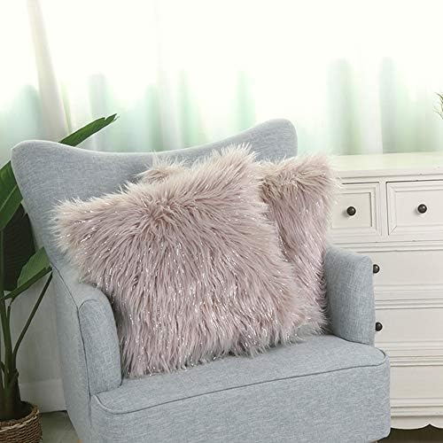 OJIA Pack of 2 Decorative Faux Fur Throw Pillow Cover Accent Soft Plush Boho Mongolian Cushion Case for Bedroom Livingroom Sofa Couch(18 x 18 Inch,Bling Coffee)