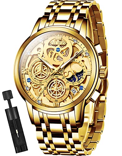 Image of OLEVS Skeleton Watches for Men Analogue Quartz Multifunctional Chronograph Waterproof Luxury Fashionable Luminous Wristwatches for Men, A: Gold, Bracelet