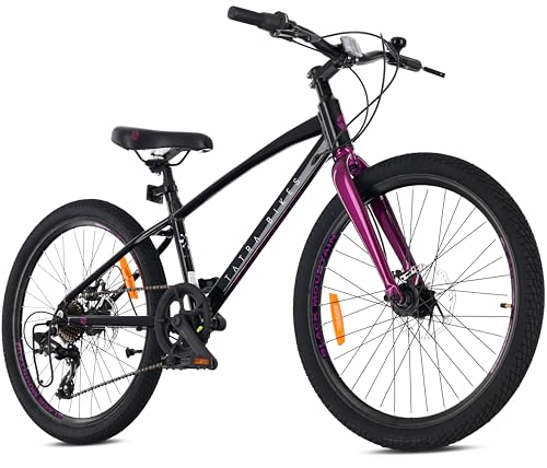 Tatra Bikes Bicicletta per bambini 24 pollici, Bici da 8 a 12 anni con telaio in alluminio, 7 rapporti, freni a disco, campanello, poggiapiedi, catarifrangenti (Nero Viola)